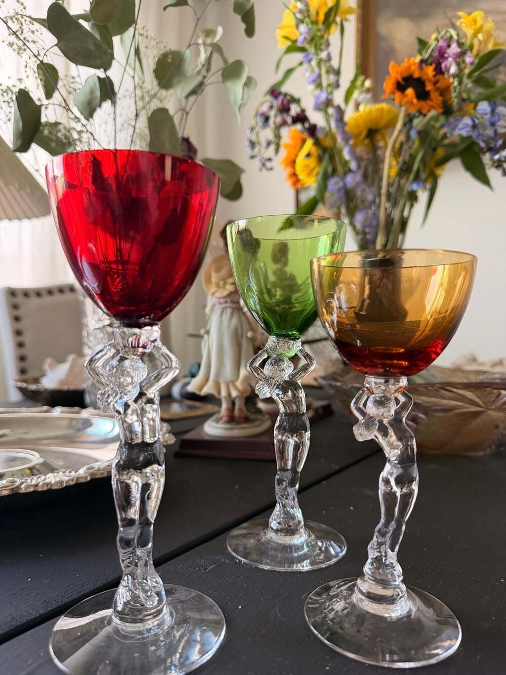 Cambridge Glass Statuesque Nude Lady Stem Multicolor Wine Cocktail Glasses of 3